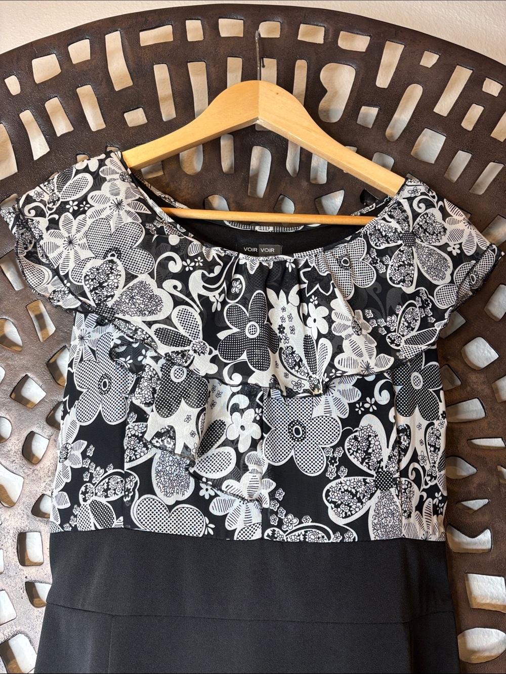 🖤 Wedding Work Sheath Dress Black White Floral Stretch Womens 16 Voir Voir🖤 - Picture 3 of 12